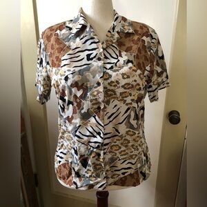 Notations Beige Black Green Patterned Blouse